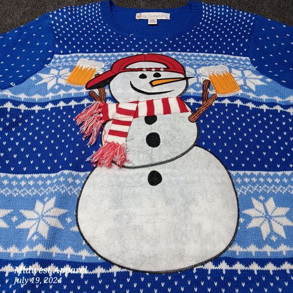 Ugly Jolly Sweaters Christmas Snowman with Beer Fair Isle Blue Adult Large - Picture 2 of 7